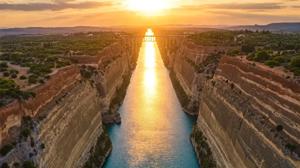 Aerial View of Corinth Canal at Sunset